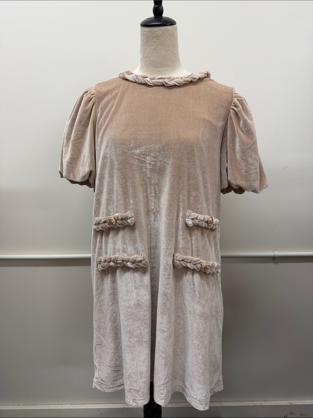 Entro Champagne Velvet Short Puff Sleeve Dress